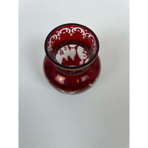 Vintage Egermann Czech Ruby Red Cut to Clear Etched Glass Mini Vase 3" - Picture 12 of 14